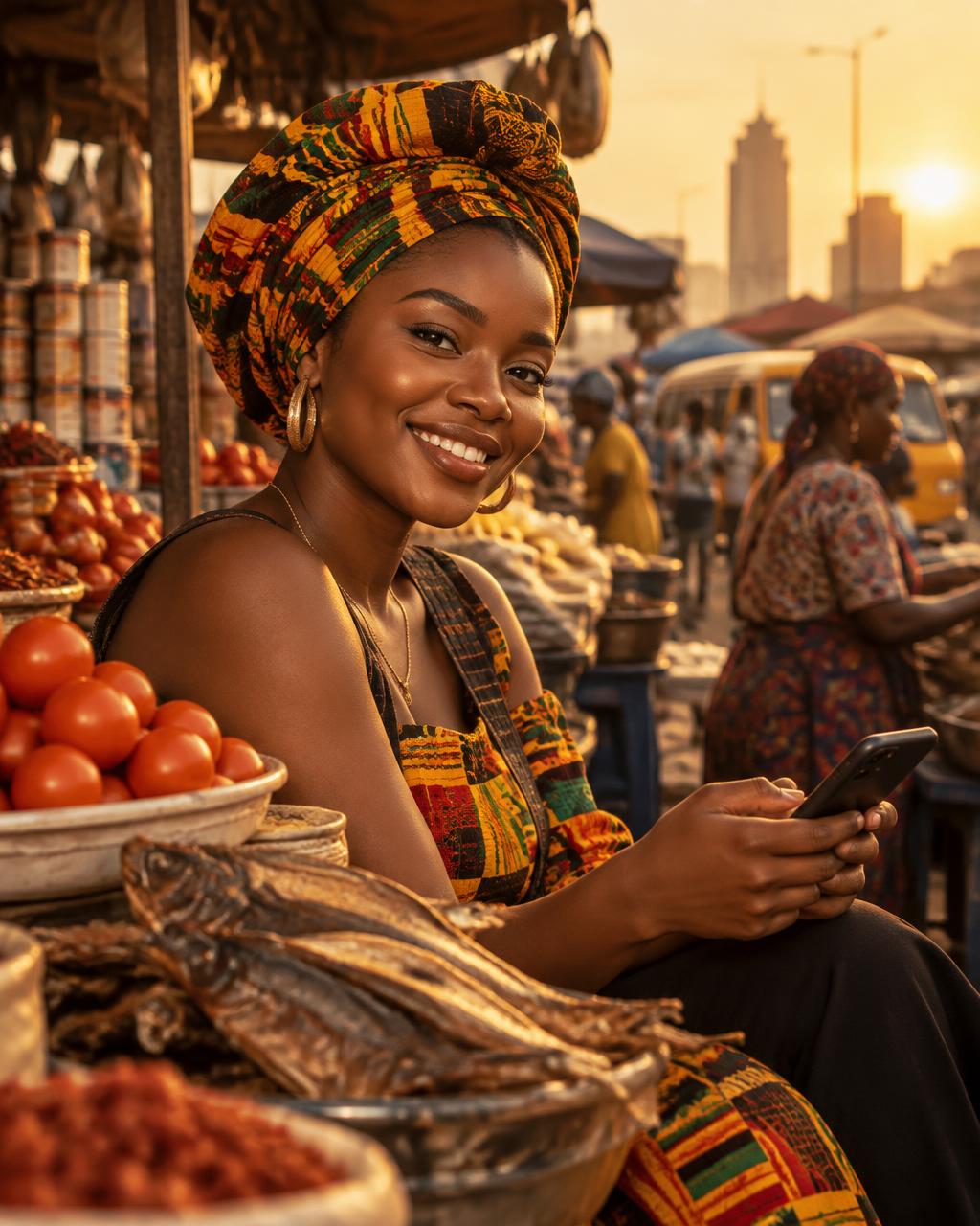 Young African woman earning on her phone at a Lagos market